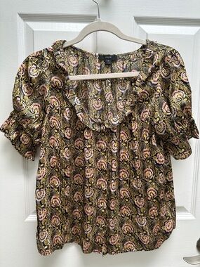 J. Crew Paisley Ruffle-Neck Blouse in Pink and Black